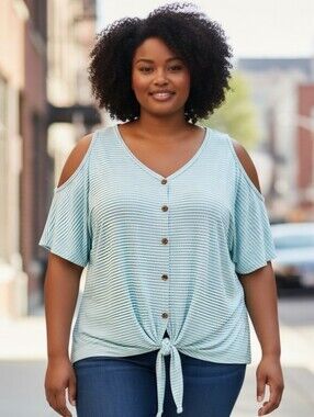 e.Luna Cold-Shoulder Tie Hem Aqua and White Striped Top Size 3X NWOT